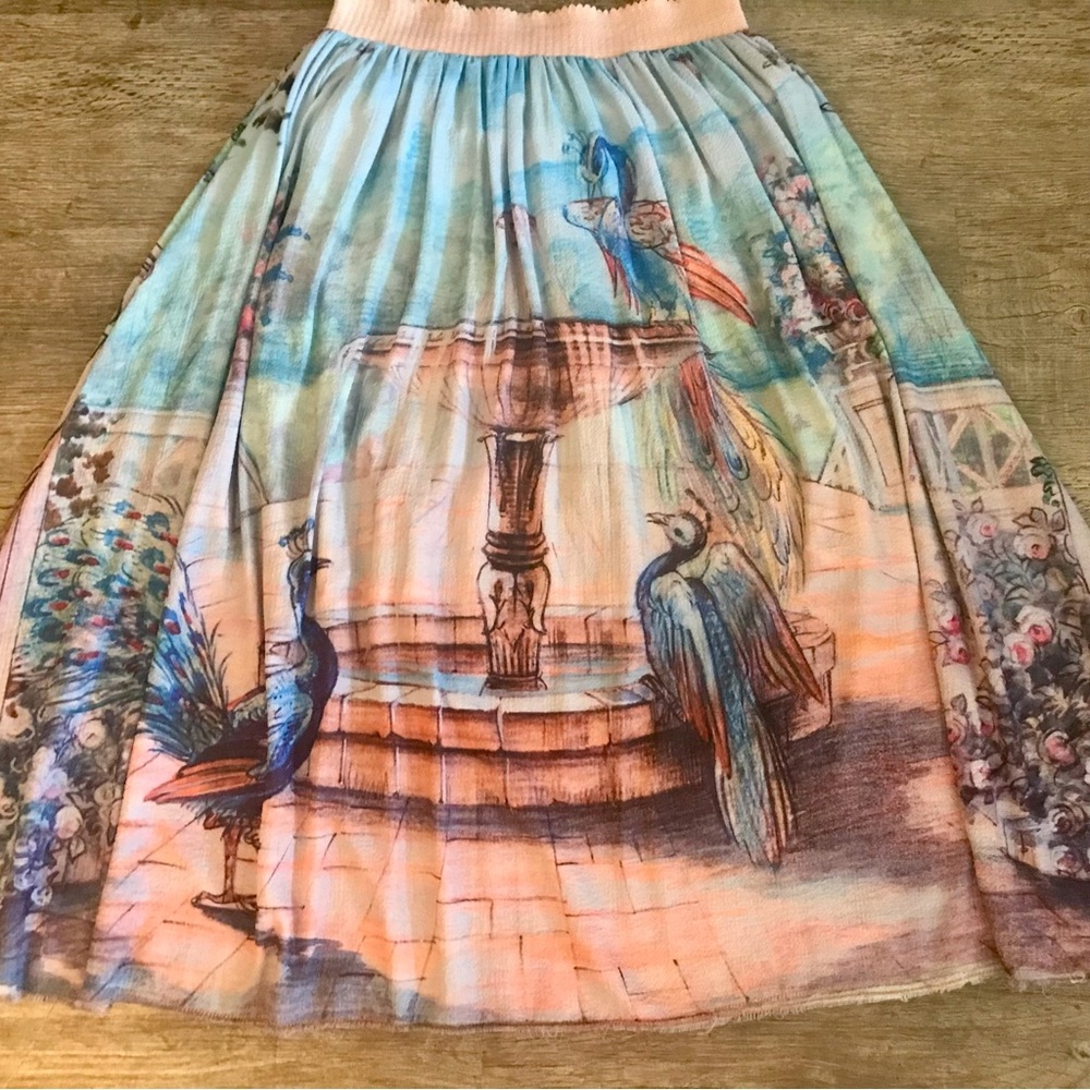 NEW Aratta Skirt/Size Small/Pastel Turquoise/Peacocks/Fountain/Mid Length